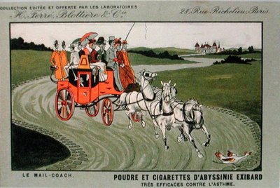 Advert for the cigarette brand, Exibard, depicting a mail coach and stating that tobacco and cigarettes are effective against asthma by School French