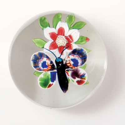 Baccarat butterfly and flower weight, the insect with deep purple body and antennae, multi-coloured wings by School French