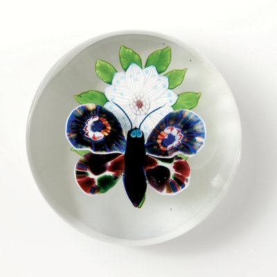 Baccarat butterfly and flower weight, the insect with deep purple body, pale blue-grey eyes and antennae by School French