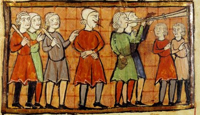 False witness with pierced tongue condemns to wander the streets of the city preceded by miniature trumpet players from Citeaux manuscript. Angers, Municipal Library by School French