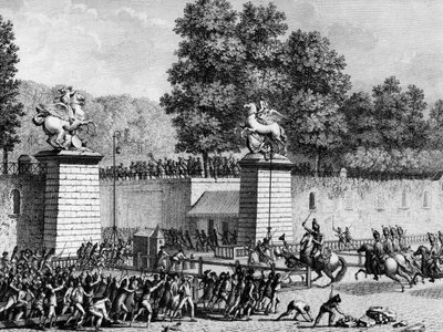 French Revolution: Prince Charles Eugene de Lorraine entering the Tuileries with a detachment of Royal German on 12 July 1789 to repress the first revolutionaries by School French