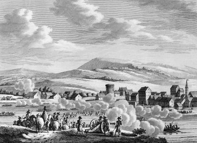 French Revolution War: French troops passing the Rhine to Dusseldorf, Germany, on 6 September 1795 by School French