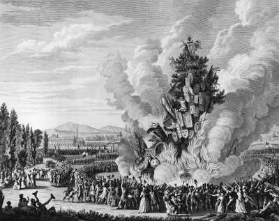French Revolution: Commemoration of the capture of the Bastille on 14 July 1792 with a large bonfire burning the symbols of the monarchy from the palace of the Tuileries by School French