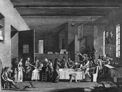 French revolution and anti-revolutionary movement: Interior of a revolutionary committee under terror year 1793-1794. Paris, Library of the Institute of History of Revolution by School French