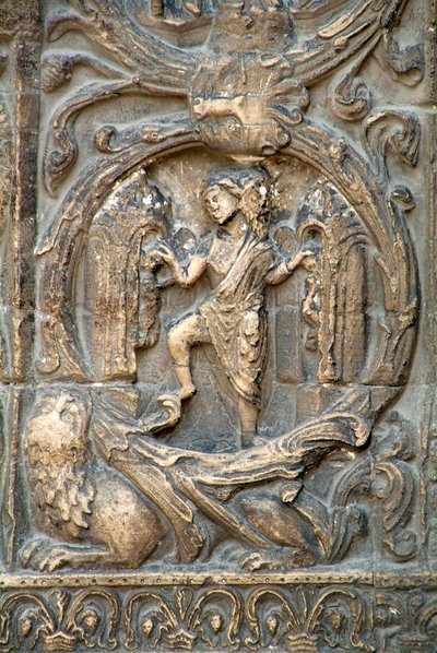 Gothic Art: Piedroit of the right-hand portal of the western facade of the Basilica of Saint Denis representing the work of the fields: January. Saint-Denis, France by School French