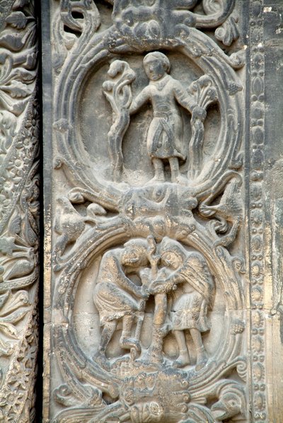 Gothic Art: Pieright of the right-hand portal of the western facade of the Basilica of Saint Denis representing the work of the fields: April (top) and March (bottom). Saint-Denis, France by School French