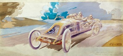 Motor racing: a racing car Beisz on a Renault. Lithograph by E. Montre, Conservatoire national des arts et metiers, Paris by School French