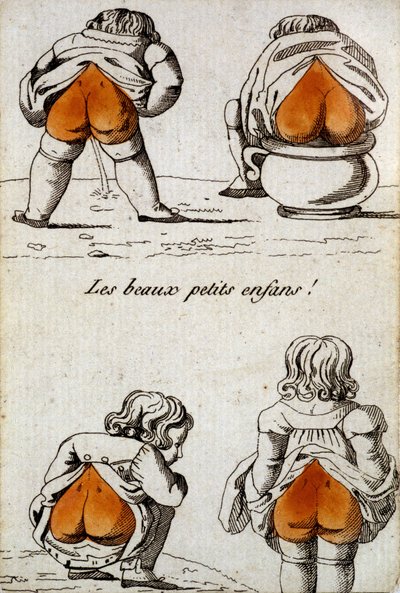 Old card to play: the four of heart - Beautiful little children who show their heart-shaped buttocks. Musée de la Carte à Joueur, Issy-les-Moulineaux by School French