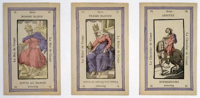 Old cards to play with the king (blond man), the queen (blonde woman) and the rider (finish) cup. Musée de la Carte à Jouier, Issy-les-Moulineaux by School French