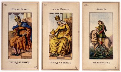 Old playing cards depicting the king blond man, the queen blonde woman and the arrival friponnerie. Musée de la Carte à Joulier, Issy-les-Moulineaux by School French