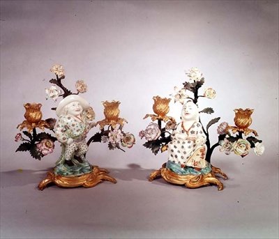 Pair of Mennecy Ormolu Mounted Figures of a Dwarf and a Magot by School French