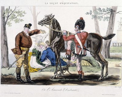 Riding lesson or distracted lover - humorous drawing by School French