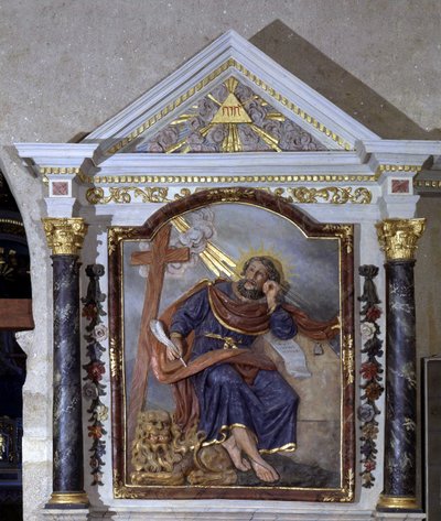 Saint Mark the Evangelist and its symbol: the lion. Altarpiece of the Church of Pear on Life, Vendee. by School French