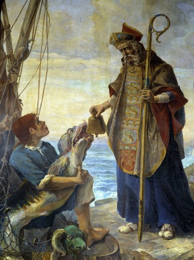 St Pol de Leon receives by a fish, on the island of Batz, the bell that King Mark had refused him in Ouessant, v. 530 - painting of the church of Morlaix by School French
