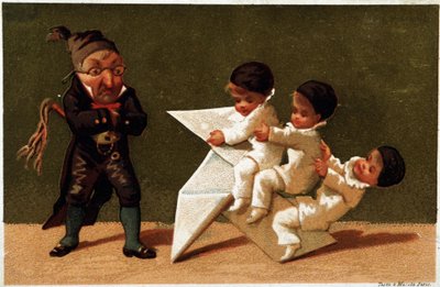 The teacher and the garments (the paper cooker) - chromo label of Bon Marché by School French