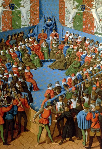 Verdict on Jean, Duke of Alencon, accused of having conspired with the English against the French, facsimile of a 15th century manuscript by Jean Fouquet by School French