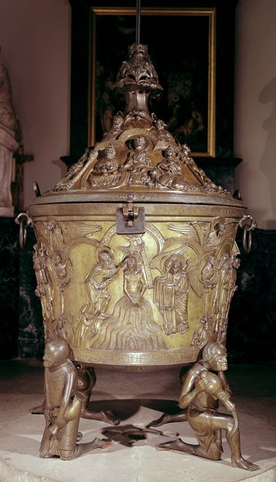 Baptismal Font Showing a Relief Panel of the Baptism of Christ, Supported by Four Kneeling Figures Representing the Rivers of Paradise, German, c.1225-30 by School German