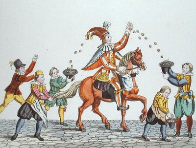 Jester on a Chestnut Horse Throwing Food to Children, from 
