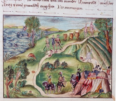 A Venezuelan landscape with a Spanish encampment, from a collection of memoirs of the Coeler Family, Nuremberg by School German