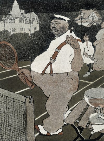 Tennis: fat man, smoking and drinking alcohol, playing tennis - German cartoon by School German