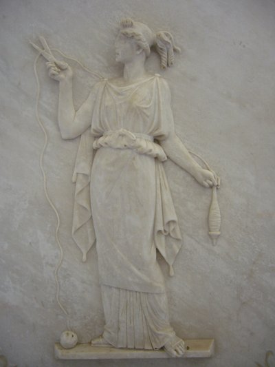 Bas relief of Atropos cutting the thread of Life by School Greek