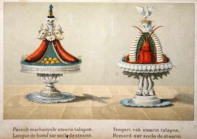 Design for the presentation of ox tongue on a bed of stearin and for lobster, illustration from a Hungarian cookery book on French cooking, c.1880 by School Hungarian