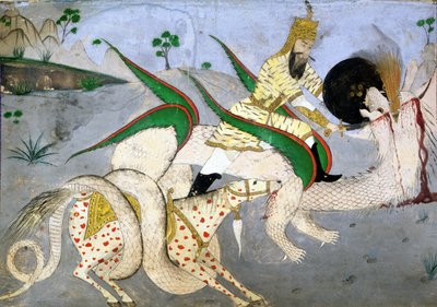 A mounted warrior attacking a dragon, illustration from a book on Indian mystics by School Indian