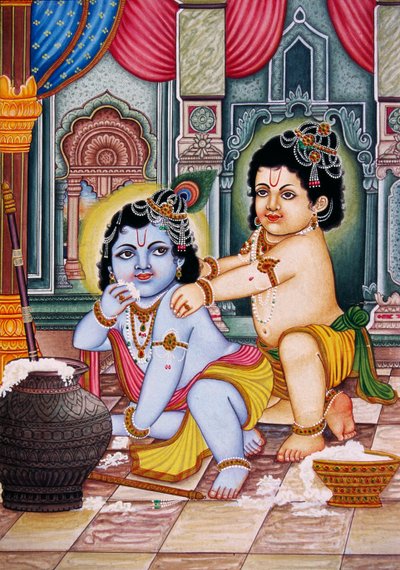 Bal Krishna with Balram Miniature Painting on Paper by School Indian
