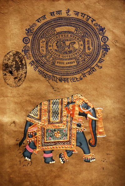 Elephant, Hand Made Painting & Old Stamp Paper, Jaipur, Rajasthan, India by School Indian