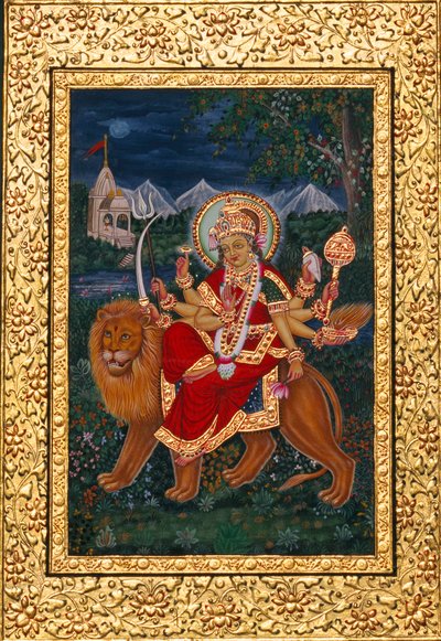 Goddess Durga Miniature Painting with Golden Frame by School Indian