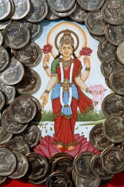 Goddess Lakshmi and One Rupees Coins by School Indian