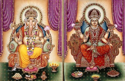 Lord Ganesh Ganpati Goddess and Lakshmi Miniature Painting on Ivory by School Indian