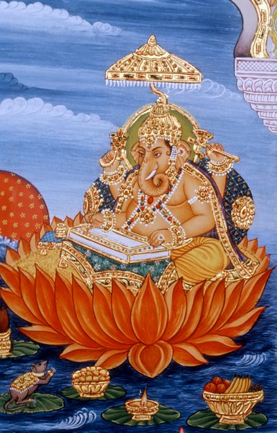 Lord Ganesh Ganpati Miniature Painting Writing Scripture by School Indian