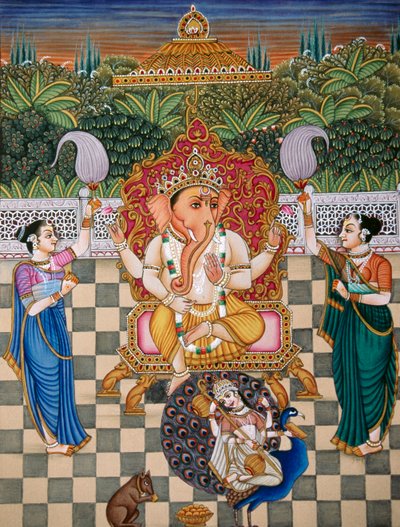 Lord Ganesh Ganpati Riddhi and Siddhi Miniature Painting on Paper by School Indian