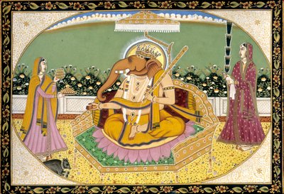 Lord Ganesh with Ridhi and Siddhi Miniature Painting India by School Indian