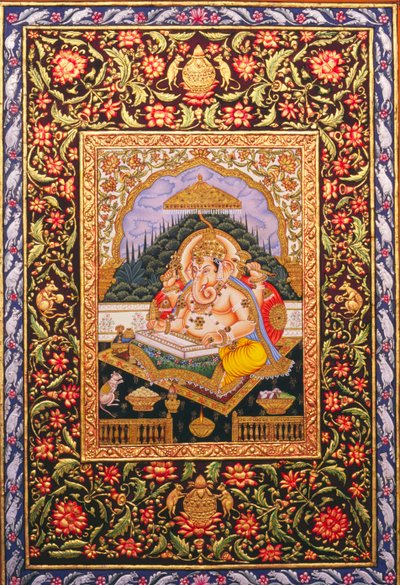 Lord Ganesha Ganpati Miniature Painting on Paper with Gold Embossing by School Indian