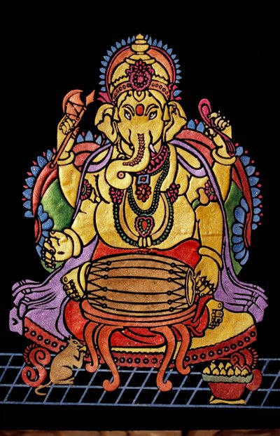 Lord Ganesha Ganpati Playing Musical Instrument Embroidery Work by School Indian