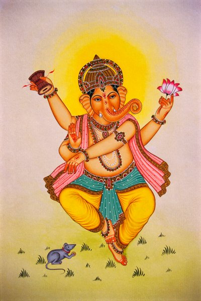 Lord Ganesha Ganpati in Dancing Mood Miniature Painting on Paper by School Indian