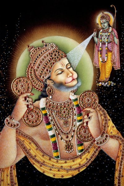 Lord Hanuman and Rama Miniature Painting by School Indian