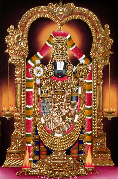Lord Thirupati Balaji Miniature Painting on Paper with Gold Embossing by School Indian
