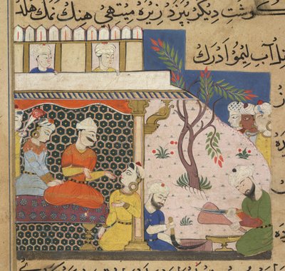 Mince being prepared for the Sultan Ghiyath al-Din, while he dallies with his ladies, from The Ni
