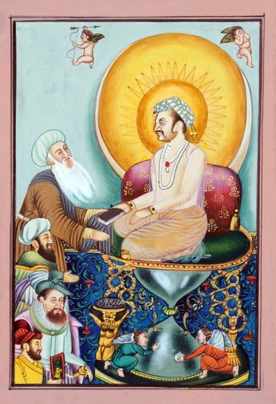 Miniature Painting of Abul Fazl Presenting Akbar Name to Mughal Emperor Akbar by School Indian