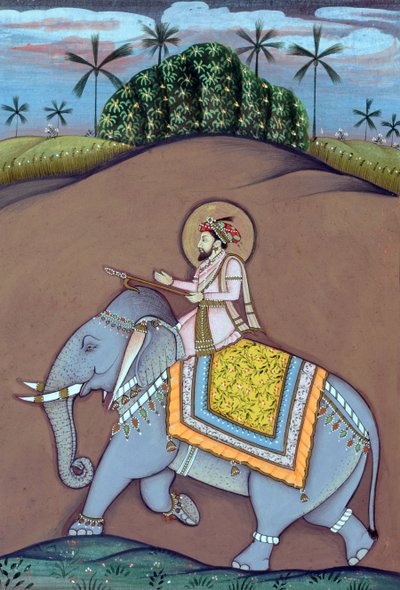 Miniature Painting of Mughal Emperor Shah Jahan Sitting on Elephant by School Indian