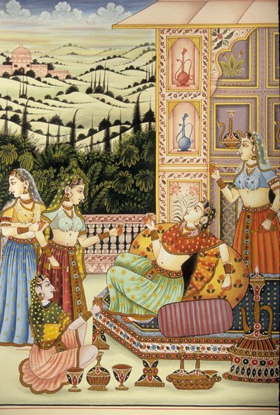 Miniature Painting of Mughal Lady Enjoying Drink by School Indian
