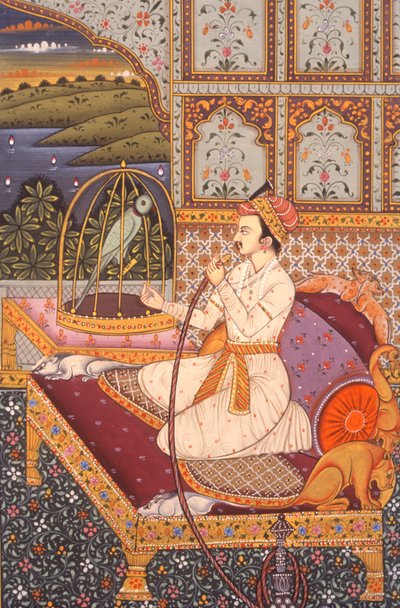 Miniature Painting of Mughal Prince Enjoying Hooka, India by School Indian