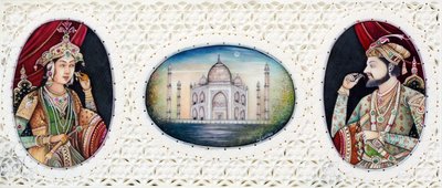 Miniature Painting of Mughal Emperor Shah Jahan with Wife Mumtaz Mahal by School Indian