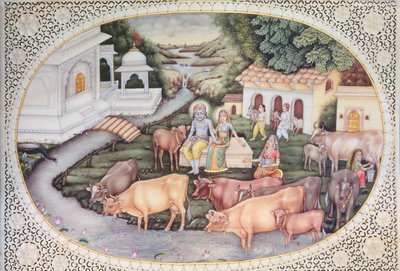 Miniature of Krishna and a Milkmaid Seated in a Field with Cattle by School Indian