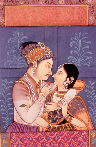 Mughal Miniature Painting on Paper of Love Scene by School Indian
