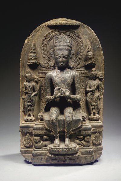 Pala Style Stele with Crowned Buddha, Northeast India by School Indian