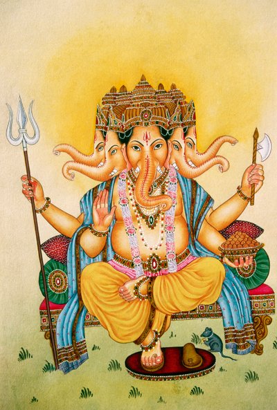 Panchmukhi Lord Ganesh Ganpati Miniature Painting on Paper by School Indian